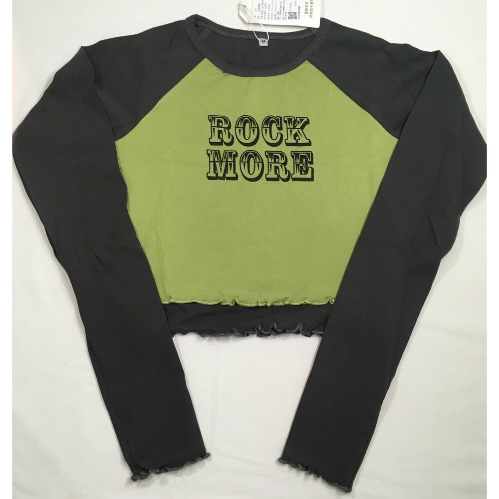 Fashion Sexy Lounge Crop Top Women's Medium Green "Rock More" Long Sleeve